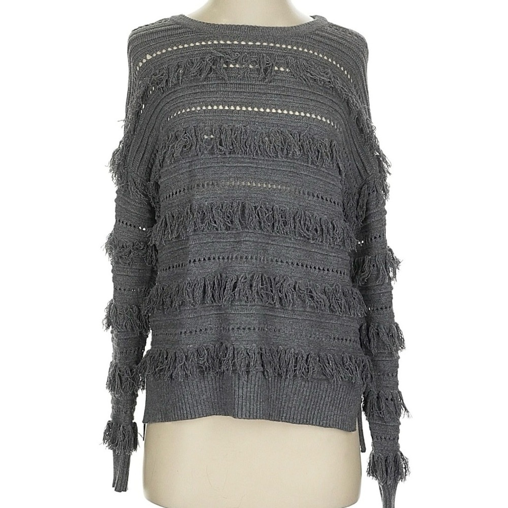Michael Kors Gray Fringe Open-Knit Crewneck Sweater